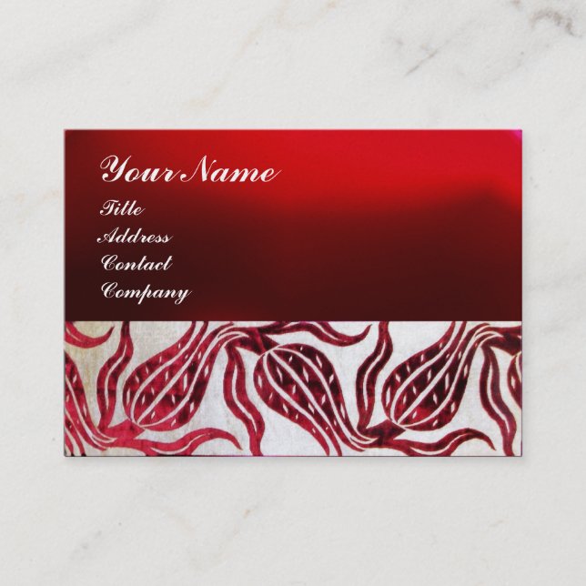 RED VELVET DAMASK TULIP MONOGRAM Burgundy White Business Card (Front)
