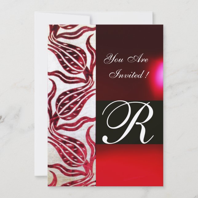 RED VELVET DAMASK TULIPS MONOGRAM Burgundy Gold Invitation (Front)