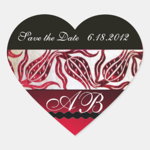RED VELVET DAMASK TULIPS MONOGRAM Burgundy White Heart Sticker
