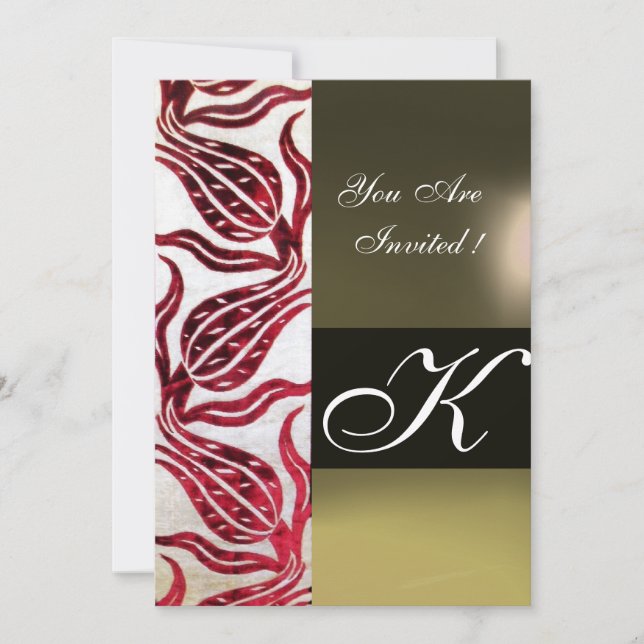RED VELVET DAMASK TULIPS MONOGRAM Burgundy White Invitation (Front)