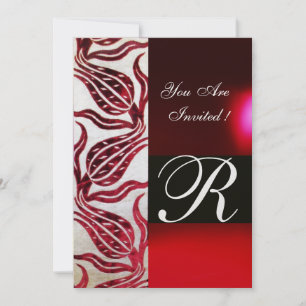 RED VELVET DAMASK TULIPS MONOGRAM Burgundy White Invitation