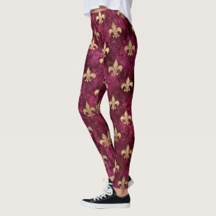 Red Velvet Fleur De Lis Mardi Gras Orleans Pattern Leggings