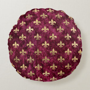 Red Velvet Fleur De Lis Mardi Gras Orleans Pattern Round Cushion