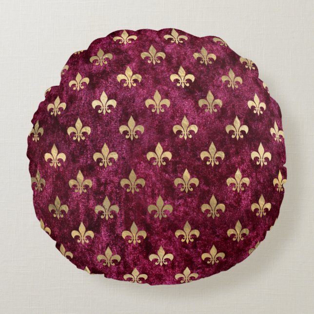 Red Velvet Fleur De Lis Mardi Gras Orleans Pattern Round Cushion (Front)