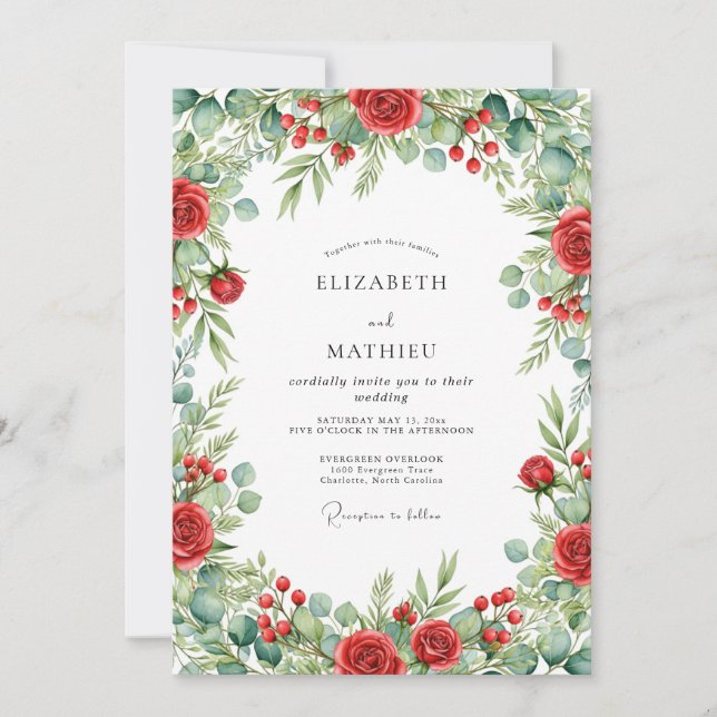 Red Verdant Yuletide Wedding Invitation (Front)