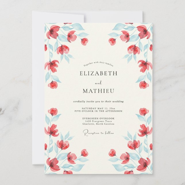 Red Vibrant Watercolor Botanical Wedding Invitation (Front)