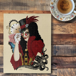 Red Victorian Steampunk Lady Vintage Octopus Jigsaw Puzzle