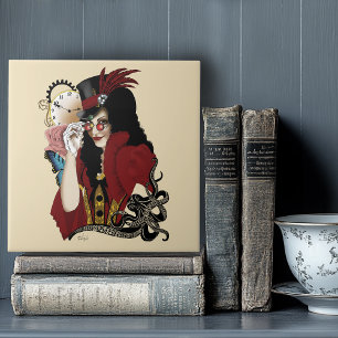 Red Victorian Steampunk Lady Vintage Octopus Tile