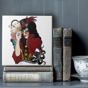 Red Victorian Steampunk Lady Vintage Octopus Tile