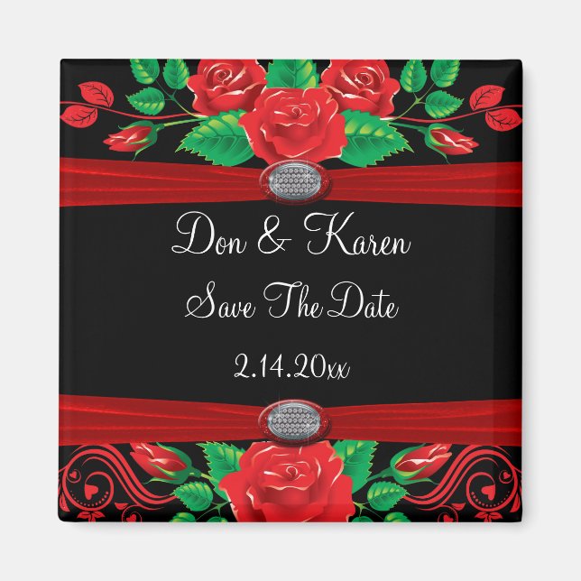 Red Vine Roses On Black Save The Date Magnet (Front)