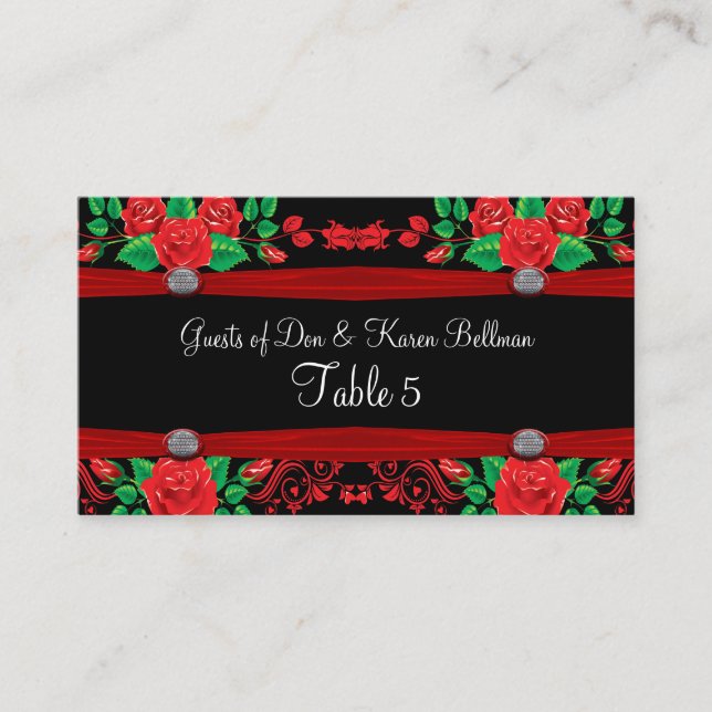 Red Vine Roses On Black Table Place Card (Front)