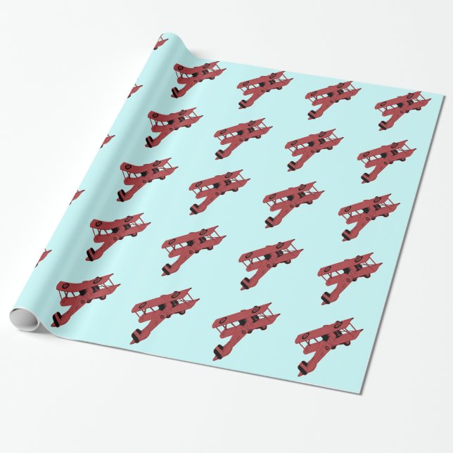 red vintage biplane toy wrapping paper (Unrolled)
