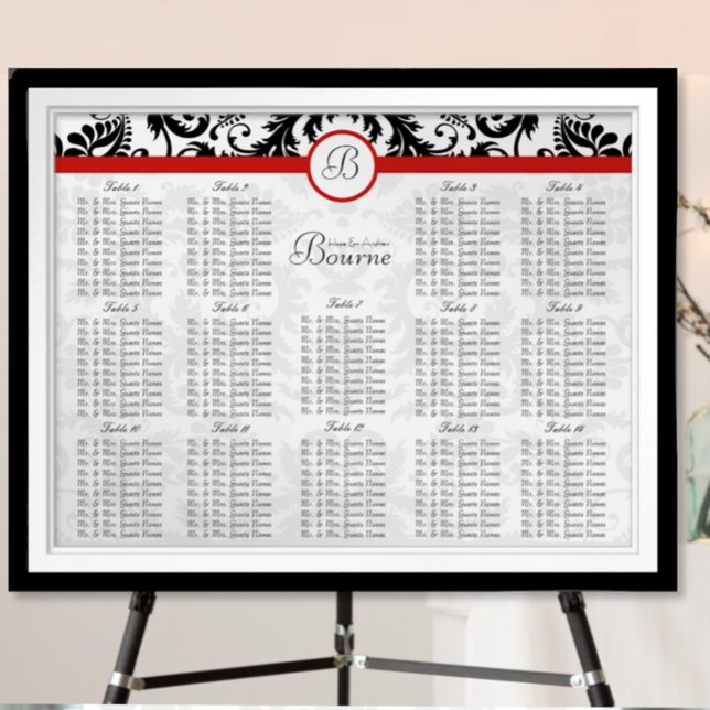 Red Vintage Black Damask Wedding Seating Chart (To see frame and mat pricing,  please choose your options.)