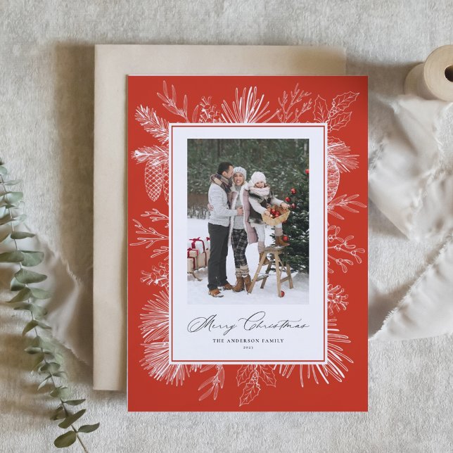 Red Vintage Botanical Frame Christmas Photo Holiday Card (Creator Uploaded)