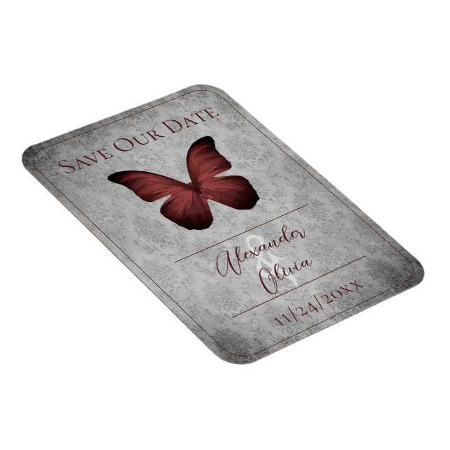 Red Vintage Butterfly Damask Save the Date Magnet (Right Side)