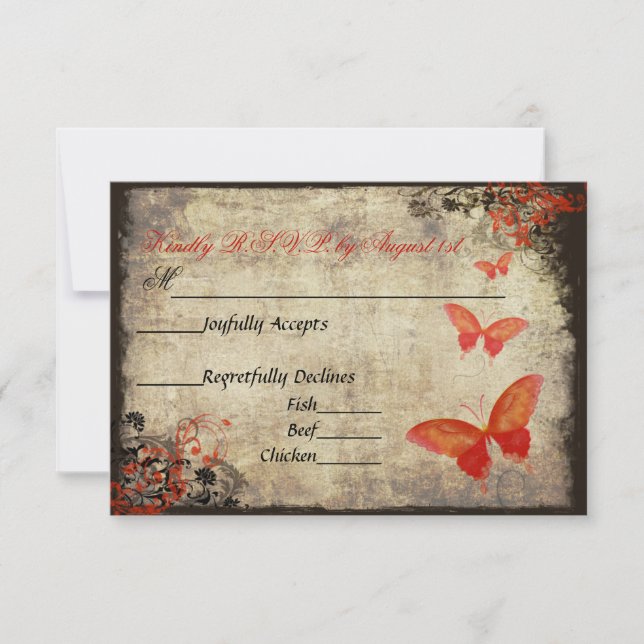 Red Vintage Butterfly Wedding RSVP Card (Front)