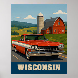 🌾 Red Vintage Car Farmhouse Travel 🚗 Poster