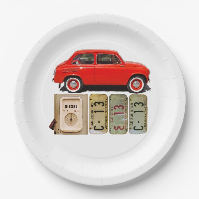 Red Vintage Car Paper Plate (Front)