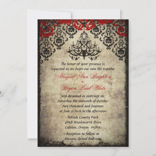 Red Vintage Chandelier Wedding Invitation (Front)