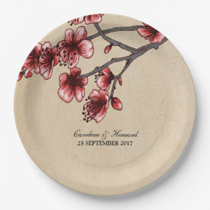 Red Vintage Cherry Blossoms Paper Plates