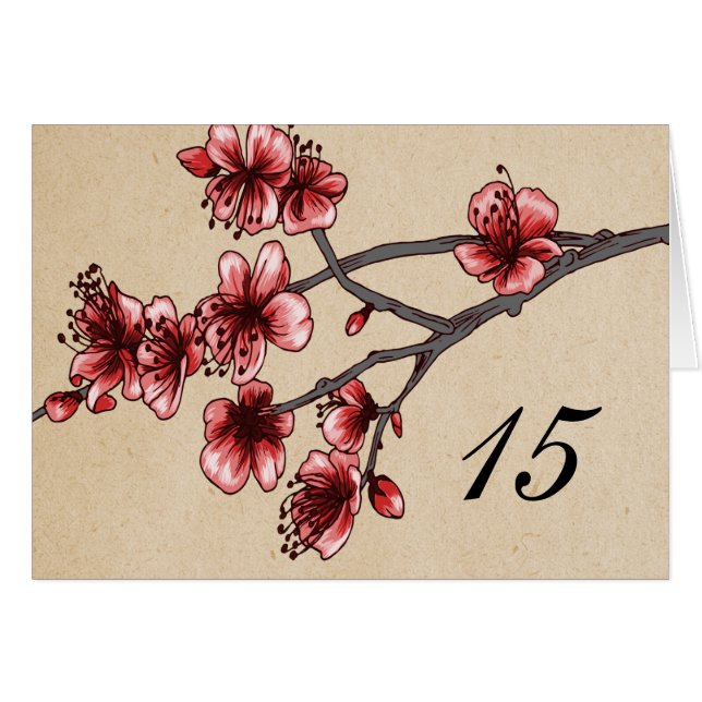 Red Vintage Cherry Blossoms Table Number Card (Front Horizontal)