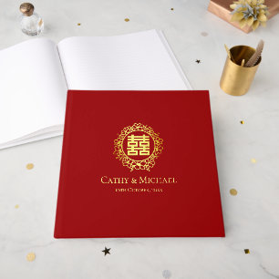 Red vintage Chinese floral wreath double happiness Guest Book