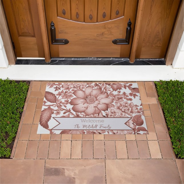Red Vintage Chinoiserie Floral Personalised Doormat (Outdoor)
