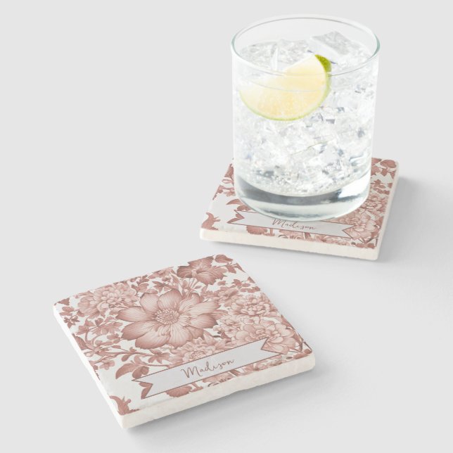 Red Vintage Chinoiserie Floral Personalised Stone Coaster (Side)