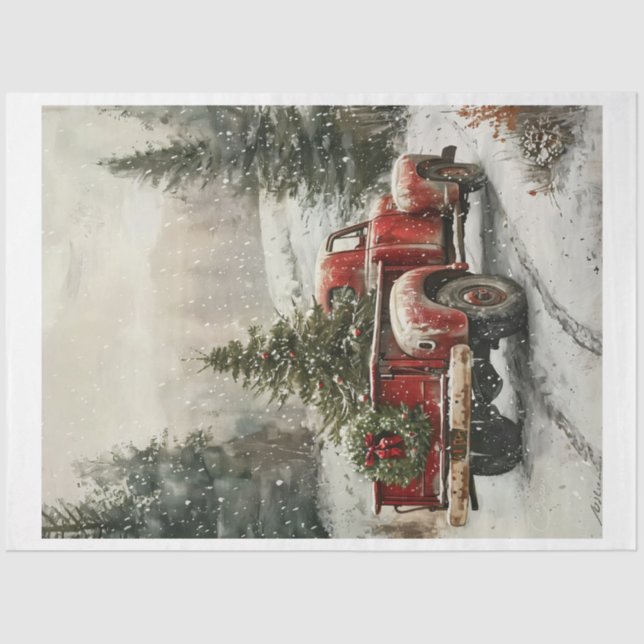 Red Vintage Christmas Truck Tissue Paper (Front)