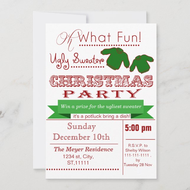 Red vintage Christmas Ugly sweater Party Invites (Front)