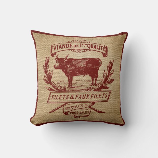 Red Vintage Cow Deli Advertisment Burlap Cushion (Front)