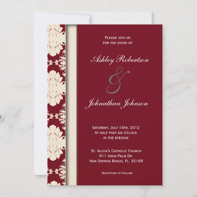 Red Vintage damask wedding invite (Front)