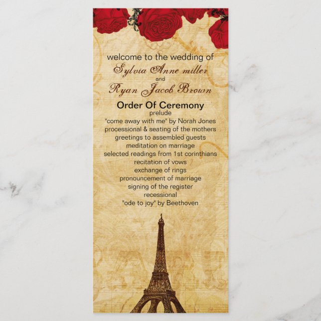 red vintage eiffel tower Paris wedding program Programme (Front)