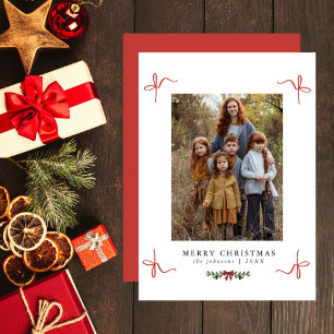 Red Vintage Elegant Bows One Photo Christmas Holiday Card
