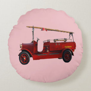 Red Vintage Fire Truck With Overhead Ladder,  Round Cushion