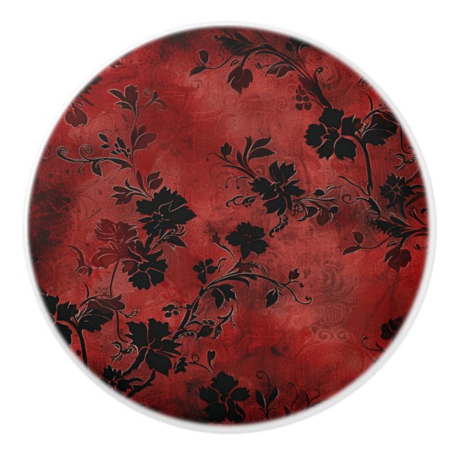 Red Vintage Floral Ceramic Knob (Front)