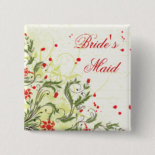 Red Vintage Flowers Bridesmaid pin back button