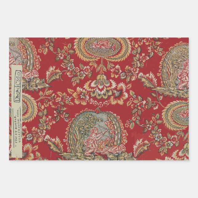 Red Vintage French Textiles Wrapping Paper Sheet (Front)
