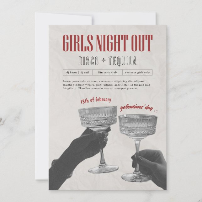 Red Vintage Girls Night Out Galentine's party Card (Front)