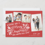 Red Vintage Holly Tilted Snapshot 4 Multi-Photo Holiday Card<br><div class="desc">This festive and chic holiday photo card features our original hand-drawn winter foliage with sweet styled typography in red with 4 playful tilted photos. The back comes with a matching pattern for an extra special touch.</div>