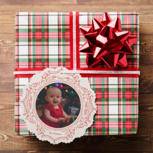 Red Vintage-Inspired Swirl Holiday Photo Ornament 