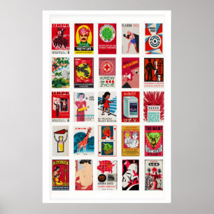 Red Vintage matchbox label grid print