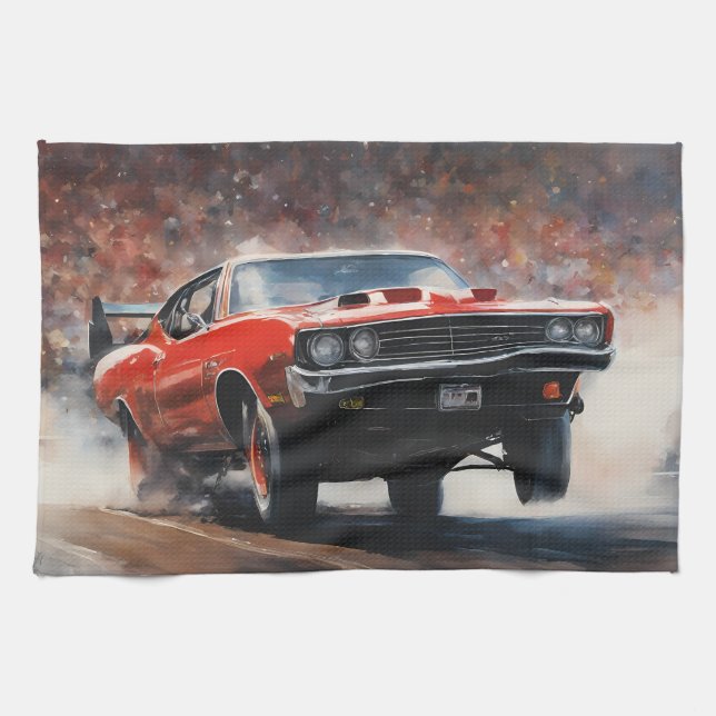 Red Vintage Muscle Car Tea Towel (Horizontal)