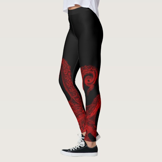 Red Vintage Octopus Tentacles Illustration Leggings (Left)
