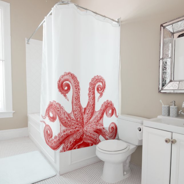 Red Vintage Octopus Tentacles Illustration Shower Curtain (In Situ)