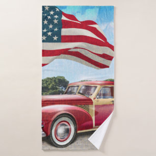 Red vintage pick up truck with American flag. Bath Towel
