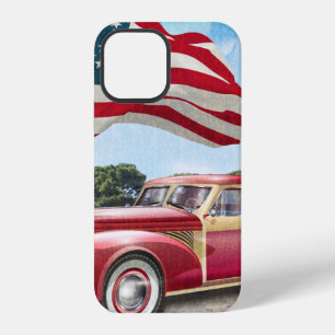 Red vintage pick up truck with American flag. iPhone 12 Case