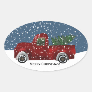 Red vintage Retro Truck and Christmas Tree Oval Sticker