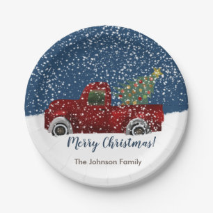 Red vintage Retro Truck and Christmas Tree Paper Plate