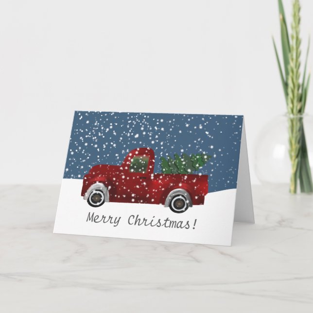 Red vintage Retro Truck Christmas Tree Holiday Card (Front)
